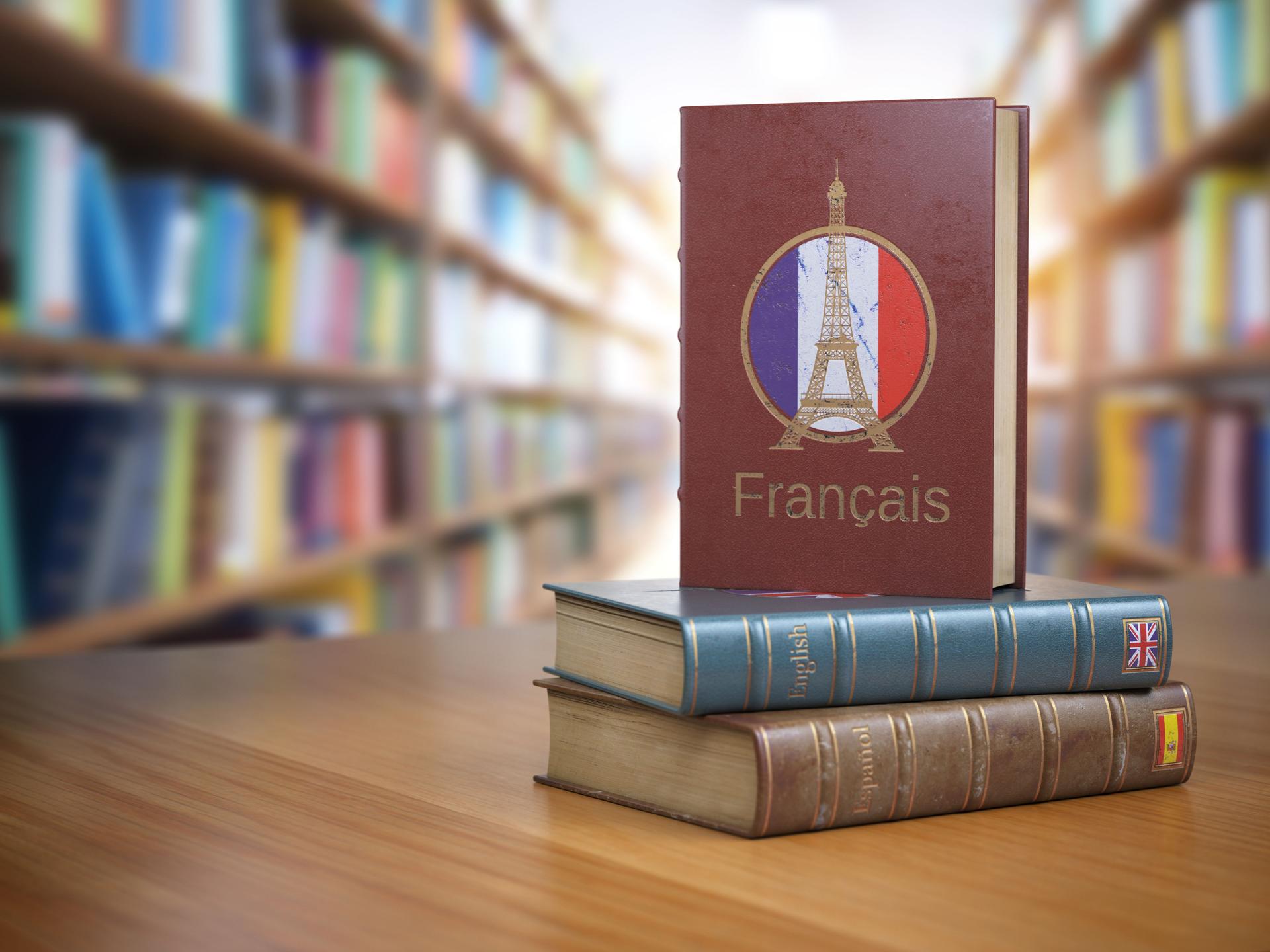 Learn French concept. French dictionary book or textbok with flag of France and Eiffel tower on the cover in the library.